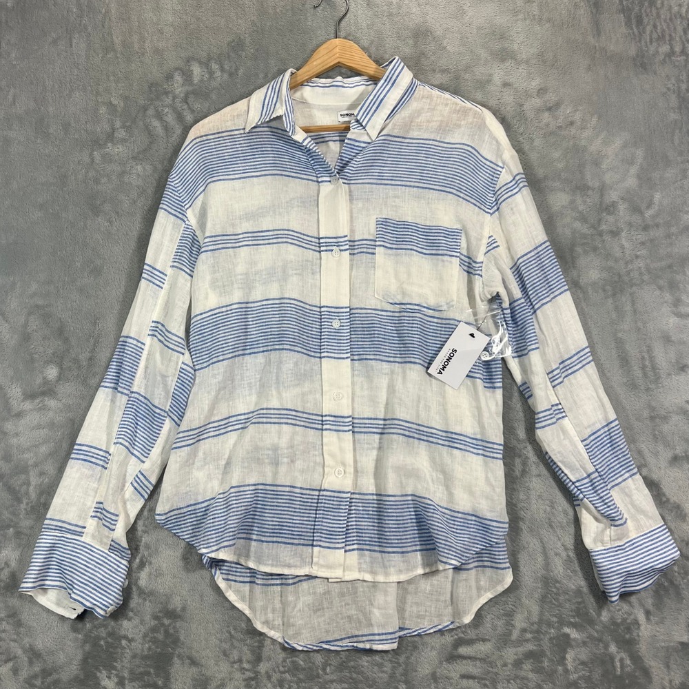 Sonoma Linen Boyfriend Shirt Womens Small Blue White Striped Beach Paperthin NWT